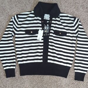 Pink Rose Black and White Striped Sweater